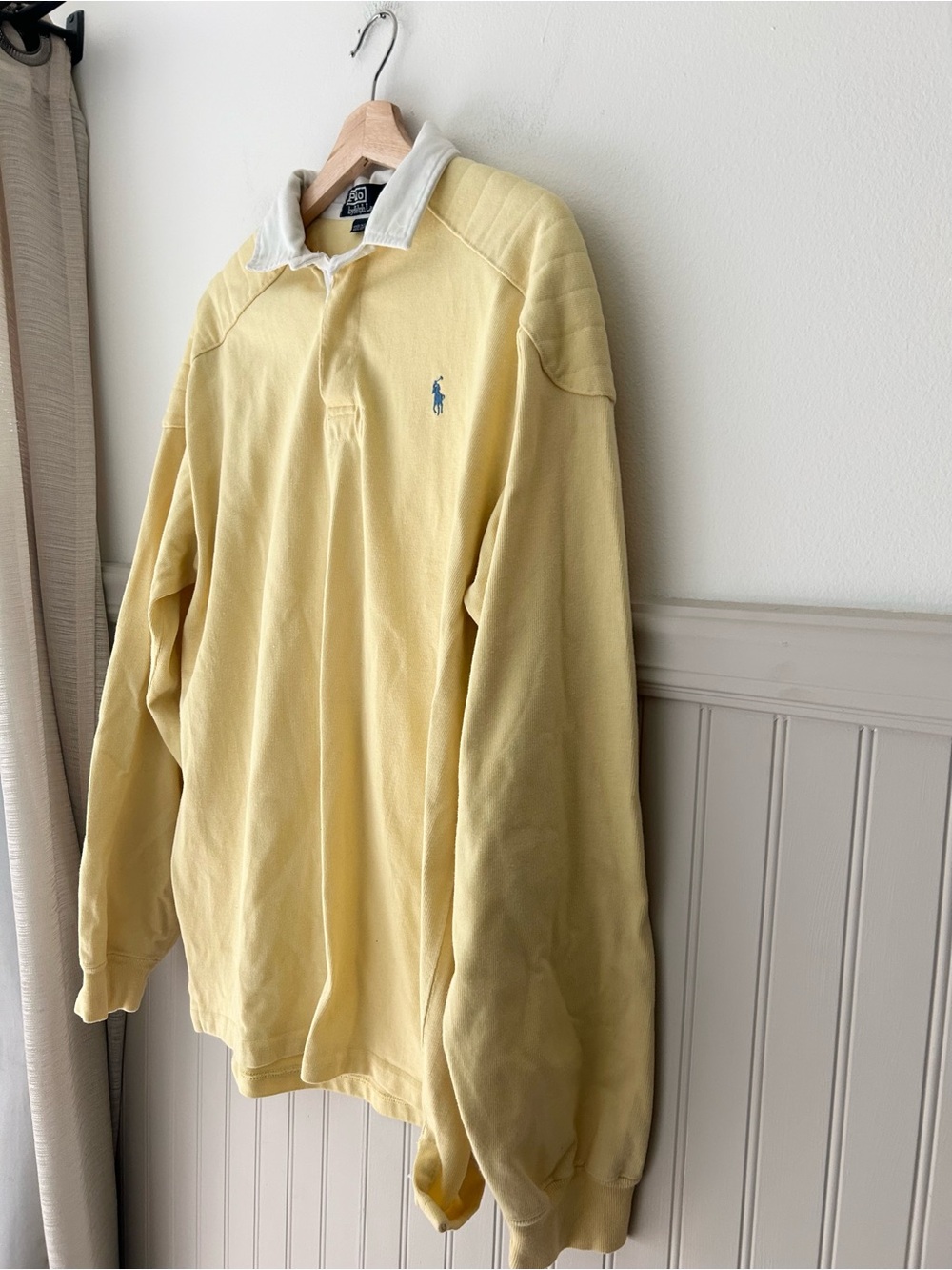 Vintage 90s Polo Ralph Lauren Men’s Large Yellow Rugby Shirt Elbow Patches - Picture 9 of 11